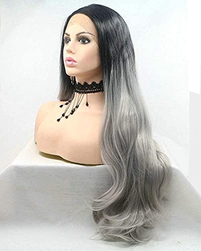 אפור אפור תחרה מול פאות גרור מלכת שחור שורשים בטיחות ידידותי סינטטי ארוך שיער טבעי אפור פאות עבור נשים