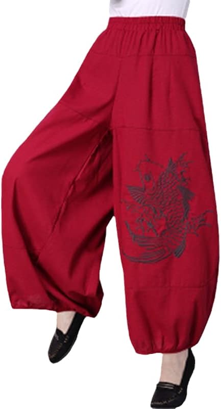 נשים אתניות כותנה פשתן צבע אחיד רוחב רוחב מותניים אלסטיים קונג פו מכנסיים מכנסיים סיניים מסורתיים 2 XS