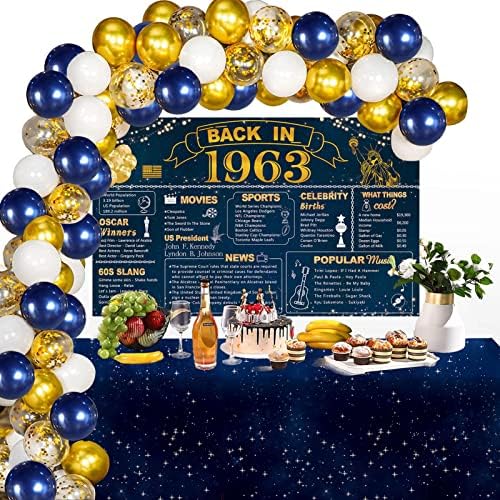 קישוטי מסיבת יום הולדת 60 יום הולדת של Darunaxy, זהב כחול בחזרה ב -1963 באנר, 60 יחידות בלונים קונפטי, 2 יחידות מפות מפות עבור 60 המסיבות