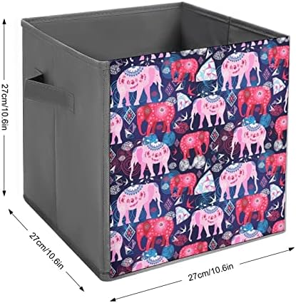 פילים בהדפסים בהירים וגיאומטריה קוביות אחסון בדים מתקפלות קופסאות קופסאות אחסון מתקפלות 11 אינץ 'עם ידיות