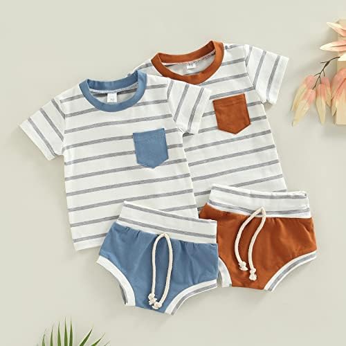 תינוק תינוק 2 יחידים תלבושות קיץ מפוספסים כיס שרוול קצר חולצת טריקו ומכנסיים קצרים קבעו בגדי ילד תינוקות חמודים