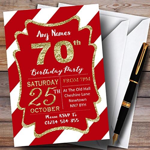 פסים אלכסוניים לבנים אדומים זהב 70 הזמנות למסיבת יום הולדת בהתאמה אישית