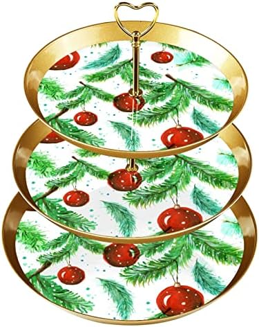 Dragonbtu 3 דוכן קאפקייקס שכבה עם מוט זהב מוט מוט פלסטיק קינוח מגד מגדל חג המולד ענף אשוח וכדורים אדומים